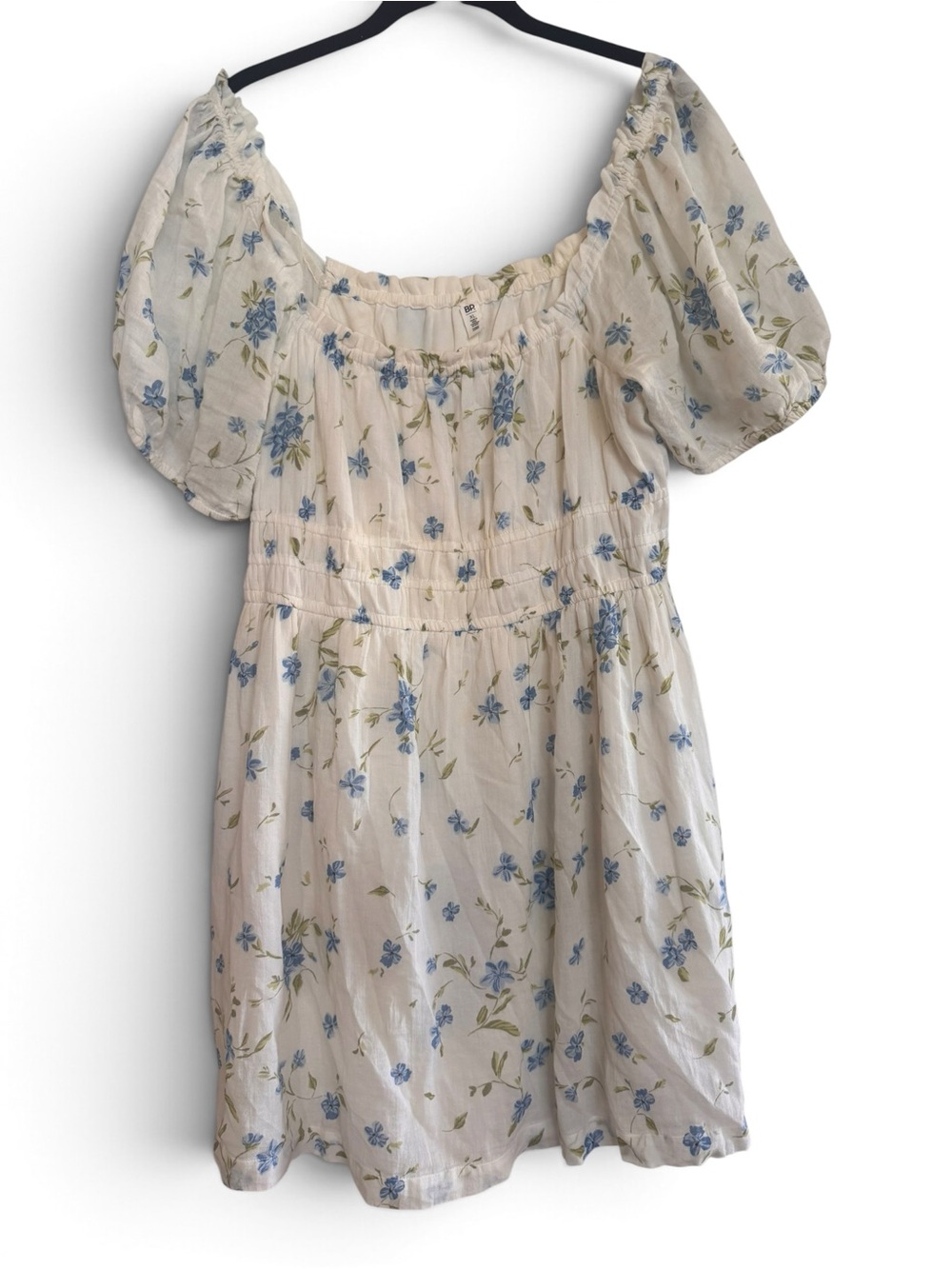 Cream Floral Puff-Sleeve BoHo flowery cottage core Dress with Blue Flowers